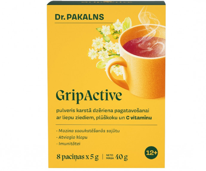 GripActive pulveris karstā dzēriena pagatavošanai ar liepu ziediem, plūškoku un C vitamīnu